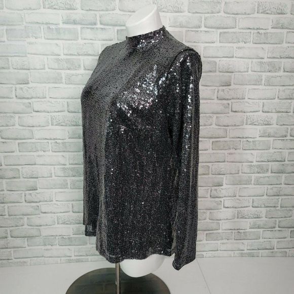 Lane Bryant Plus Size 14‎ Cocktail Party Black Sequin Mock Neck Long Sleeve Top - Picture 5 of 9